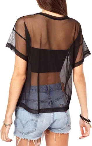 Vista 2 de WuLun Camisetas de malla transparente con estampado de letras de verano para mujer