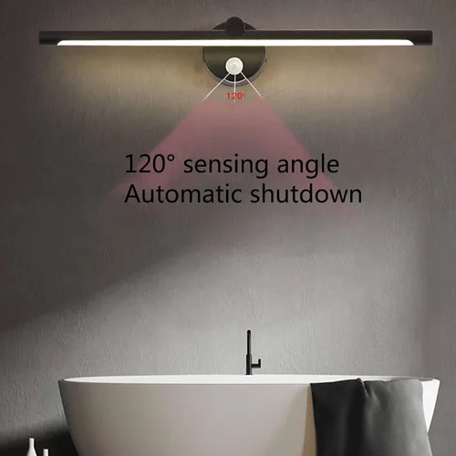 Vista 4 de Apliques de luz de pared, luz frontal de espejo negro con interruptor, luz de espejo de baño IP44 con detector de movimiento, luz LED para gabinete