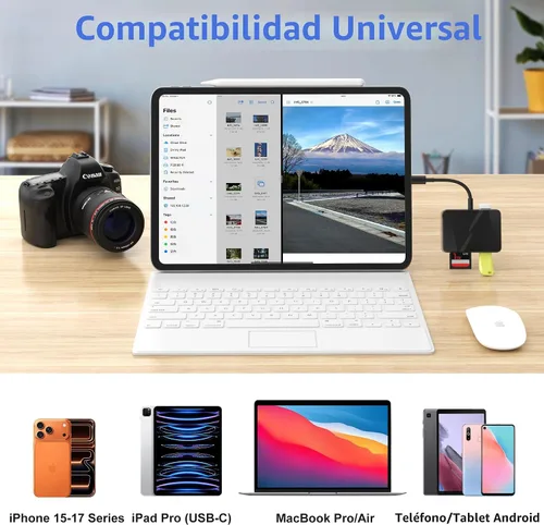 Vista 6 de Lector de tarjetas SD, adaptador de tarjeta USB-C y USB 5 en 1 con SD/MicroSD/MS y puertos USB-A duales lector de tarjetas de memoria para iPhone