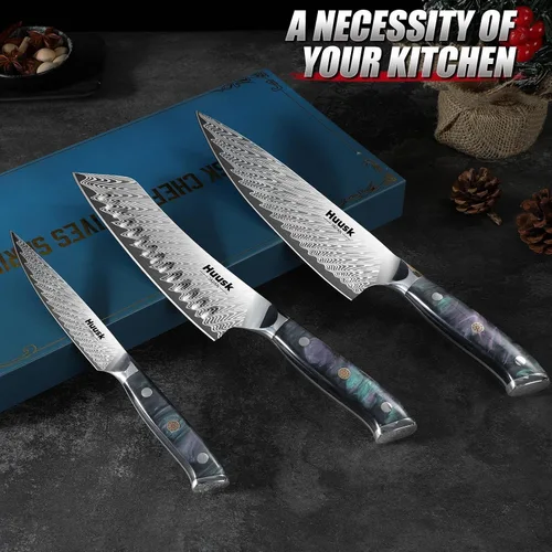 Vista 7 de Huusk - Juego de cuchillos japoneses de 3 piezas, juego de cuchillos de chef de acero inoxidable con funda y mango ergonómico de resina, cuchillos