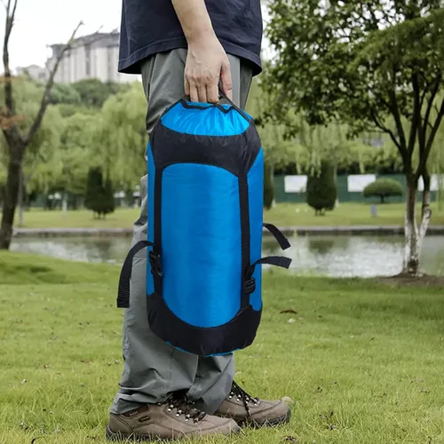 Vista 8 de Saco de compresión de nailon para saco de dormir, organizador de bolsas ligeras para camping, mochilero, senderismo Azul