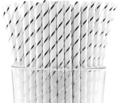 Vista 6 de Paquete de 150 pajitas de papel biodegradables de 4 capas de cheurón rosa bebé (compostables, no tóxicas, sin BPA)