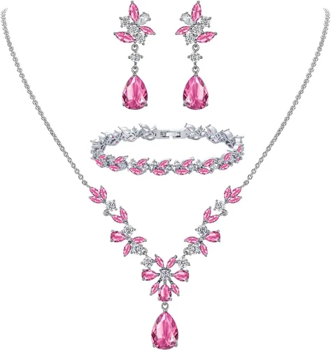 Vista 9 de Wedding Cubic Zirconia Teardrop Necklace Earrings Bracelet Sets for Brides Collar de oro 02-14K+Pendientes+Pulsera