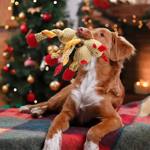 Vista 5 de Senneny Juguetes Navideños para Perros, Peluche de Reno Chirriante con Cuerdas para Tirar de la Cuerda, Juguetes de Masticar Interactivos Duraderos