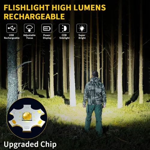 Vista 2 de Linternas Recargables de Alto Lúmenes, 7Modo Super Brillante para Acampar, Luz Táctil Ajustable de Alta Potencia, Linternas LED para Emergencias