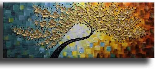Vista 18 de YaSheng Art - Pintura al óleo de arte contemporánea hecha a mano de flores blancas en lienzo con textura 3D, pinturas de árbol abstractas
