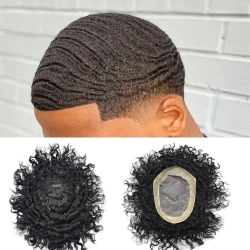Vista 8 de Afro Curl Black Mens Toupee Afro Americano Unidades de Cabello para Hombres Negros Kinky Rizado Fino Mono Brasileño Cabello Humano Pelucas Hombres