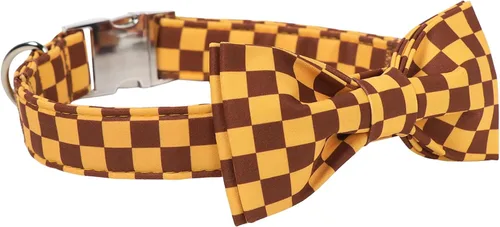 Vista 7 de Collar de perro a cuadros de búfalo amarillo otoñal con pajarita elegante Otoño-Lazo-Cuadros Amarillo