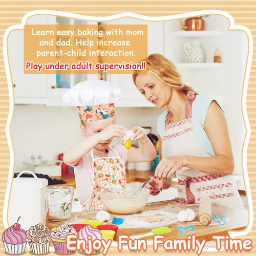Vista 5 de KAEGREEL Juego de chef para hornear para niños con delantal de unicornio y manopla, 26 juguetes de cocina para niños, juego de cocina con sombrero