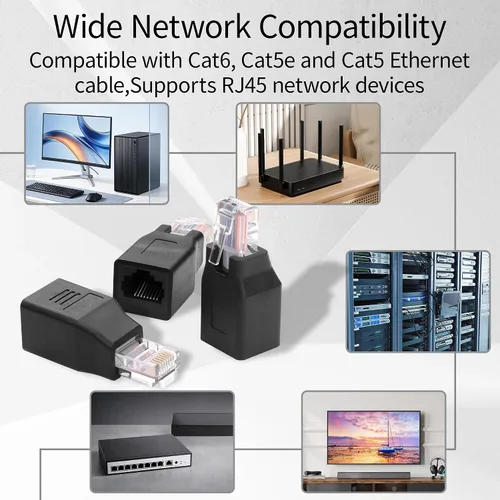 Vista 5 de Adaptador Ethernet RJ45, conector de red macho Cat6 a hembra Acoplador de extensión LAN 8P8C, convertidor de enchufe RJ45 a Jack para enrutador