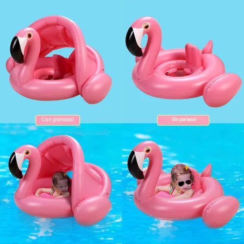 Vista 7 de Flotador de piscina para bebés con dosel, anillo de natación inflable de flamenco, flotadores de piscina infantil, juguetes para bebés, niñas