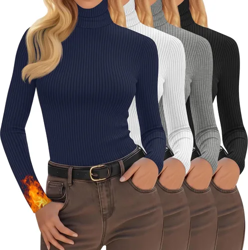 Vista 17 de Oakgarden Paquete de 4 camisetas térmicas de cuello alto para mujer, de manga larga, acanaladas, de algodón, ajustadas, capa base, ropa