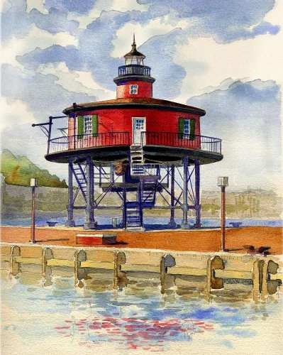 Vista 2 de Seven Foot Knoll Lighthouse, Baltimore Inner Harbor, Maryland. Impresiones artísticas de acuarela enmarañada (5 x 7)