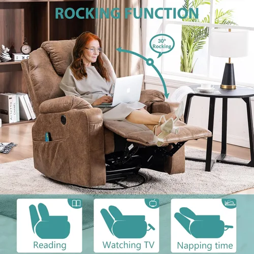 Vista 8 de MEETWARM Silla reclinable giratoria de masaje ergonómica con calor, silla reclinable mecedora manual mecedora giratoria de 360° con 4