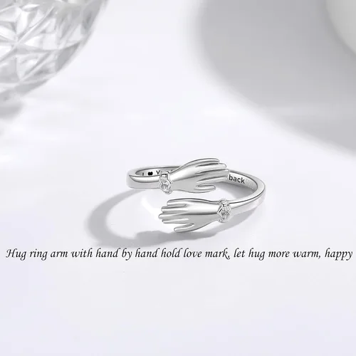 Vista 5 de Anillo de abrazo de plata de ley ajustable para seres queridos, anillos de abrazo apilables para mujeres, anillos de abrazo de mano para abrazar