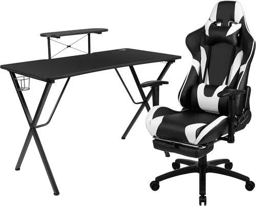 Vista 21 de Flash Furniture Juego de escritorio para juegos negro y silla de carreras blanco/negro con soporte para tazas, gancho para auriculares y soporte