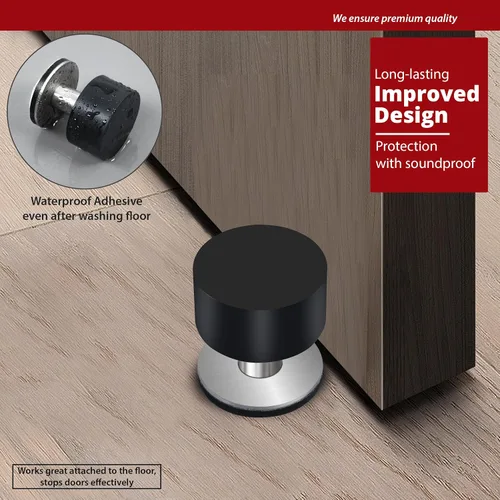 Vista 4 de Tope de puerta con adhesivo extra, tope de puerta autoadhesivo con parachoques de goma negra y cuerpo de acero inoxidable - Protector de pared
