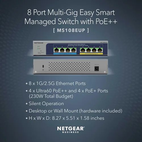 Vista 2 de NETGEAR Switch PoE Gigabit administrado de 8 puertos Ultra60 Multi-Gigabit Ethernet Easy Smart (MS108EUP) - Administrado, con 4 x PoE++ y 4 x PoE+ @