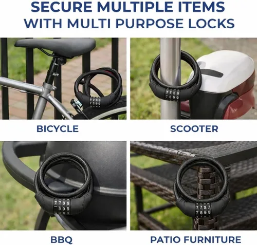 Vista 3 de Paquete de 2 cables de bloqueo de bicicleta de 4 pies con combinación reajustable de 0.315 in de acero para bicicletas, scooters, puertas de uso al