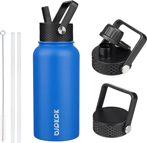 Vista 30 de BJPKPK Botellas de Agua Aisladas con Tapa de Pajita, Botella de Agua de Acero Inoxidable de 18oz, Termo Frío Caliente con 3 Tapas, Vaso de Viaje a