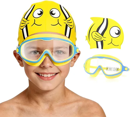 Vista 9 de Gafas de natación para niños de 3 a 8 años con gorro de natación, juego de gorras de natación con antivaho y anti-UV para niños y niñas pequeños