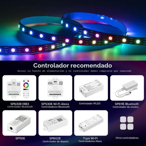 Vista 4 de SEZO WS2812B ECO Tira de luz LED 16.4 pies/5M 60 LED/m 300 píxeles, direccionable individualmente, programable, 5050SMD, RGB, aleación, cables Negro