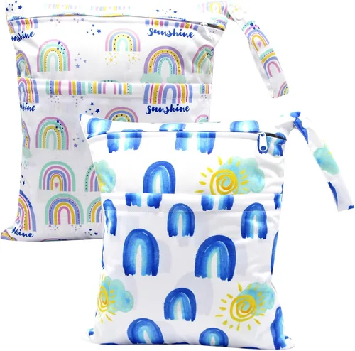Vista 21 de 2 bolsas de tela para pañales húmedos y secos, impermeables, reutilizables, con dos bolsillos con cremallera, para viajes, playa, piscina Negro
