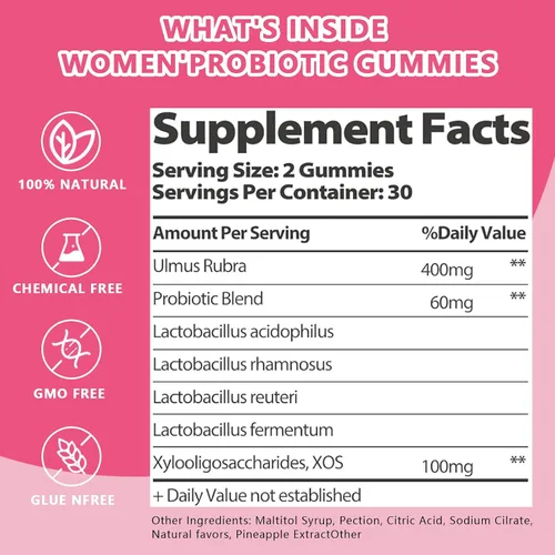 Vista 6 de Gomitas de probióticos vaginales femeninos, apoyan el equilibrio del pH y la salud digestiva, olmo resbaladizo para mujeres, sin suagr, veagn, sabor