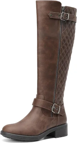 Vista 9 de DREAM PAIRS Botas altas hasta la rodilla para mujer, cómodas, tacón grueso en bloque, punta redonda, cremallera lateral, hebillas de moda para Negro