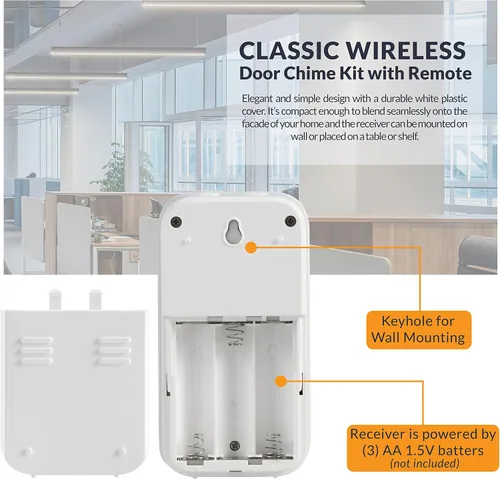 Vista 4 de Newhouse Hardware WCMB - Kit de timbre inalámbrico con batería blanca Timbre de puerta funciona con pilas, timbre de timbre para aula, hogar