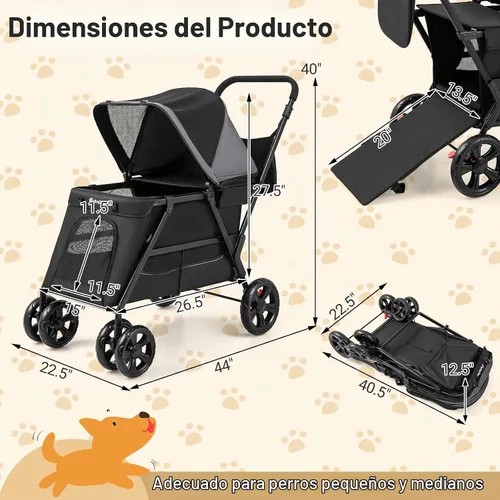 Vista 4 de PETSITE Cochecito para perros de 4 ruedas, cochecito plegable para gatos con entradas dobles, rampa, ventanas de malla, toldo ajustable