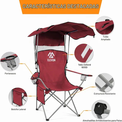 Vista 4 de [Usado] Silla de camping Elevon, silla plegable extra grande con toldo, silla portátil al aire libre con brazos, portavasos y bolsa de transporte