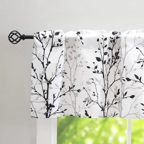 Vista 3 de Luvyohmee Cortina de cenefa estampada con ramas de árbol, cenefa de cocina de 18 pulgadas de largo, color negro, cenefas de ventana grises