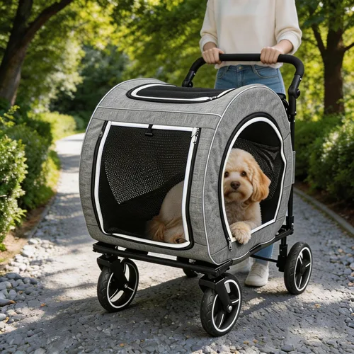 Vista 11 de Cochecito para perros grandes, cochecito extra grande para mascotas para perros medianos, carrito para perros, diseño plegable, asa ajustable