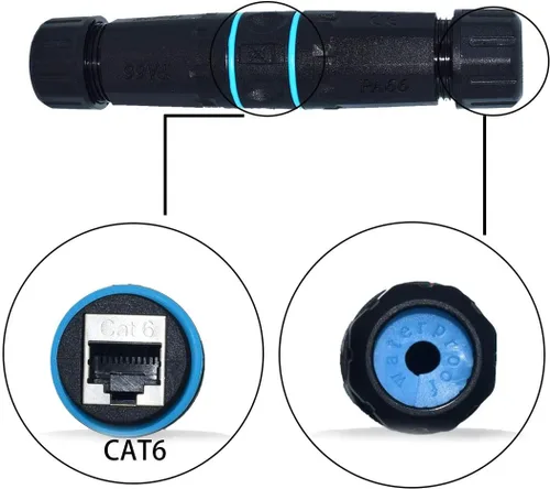 Vista 6 de Conector impermeable RJ45, conector de cable hembra a hembra, con acoplador de cable de blindaje CAT6-YMP23-Azul-2PCS