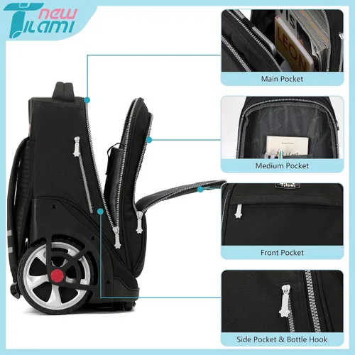 Vista 13 de NEW TILAMI Mochila con ruedas de 19 pulgadas con bolsa de almuerzo para niñas y niños, mochila para laptop con ruedas, bolsa de mano duradera