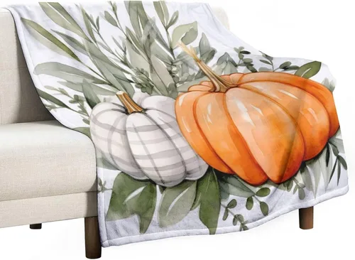 Vista 38 de Manta de lana cuadriculada con diseño de calabaza, hojas de arce, Acción de Gracias, manta de cama para otoño, Acción de Gracias, ligera, súper