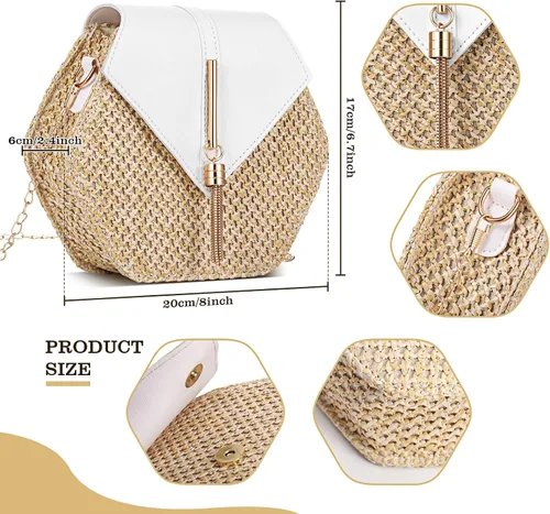 Vista 2 de 3 piezas de bolso cruzado de paja para mujer bolso de hombro con borlas de ratán bohemio aretes colgantes étnicos collares largos huecos colgante