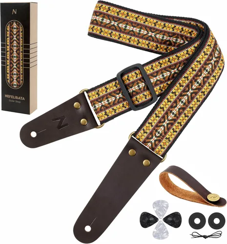 Vista 34 de Nefelibata Correa de guitarra, correas de guitarra de algodón bordadas con extremos de cuero de vaca para bajo, guitarras eléctricas y acústicas