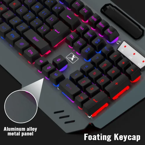 Vista 2 de Combo de teclado y mouse inalámbricos para juegos, teclado con retroiluminación LED arcoíris recargable con batería de 3,800 mAh, panel de metal