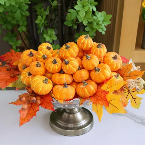 Vista 7 de Winlyn 48 mini calabazas artificiales naranjas artificiales de otoño de cosecha rústica de espuma sintética de 1.8 pulgadas 2.1 pulgadas para centro