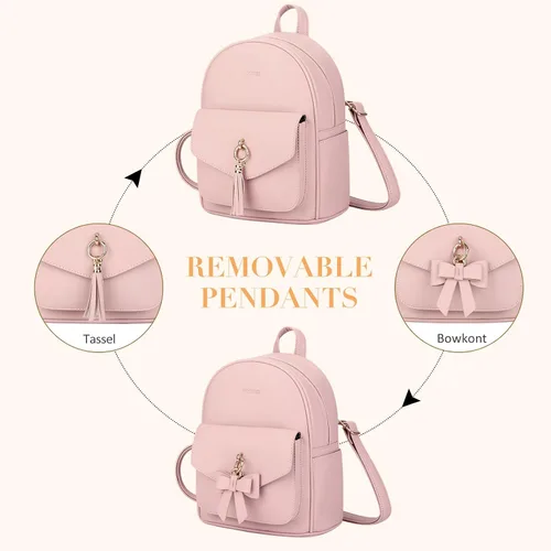 Vista 4 de ECOSUSI Mini mochila para mujer, bonita mochila pequeña con lazo, bolsa de cuero, con borla