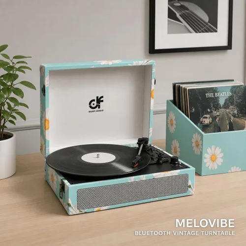 Vista 7 de Tocadiscos de vinilo Bluetooth con altavoces integrados, tocadiscos portátil vintage de 3 velocidades con auriculares de grabación USB/conector