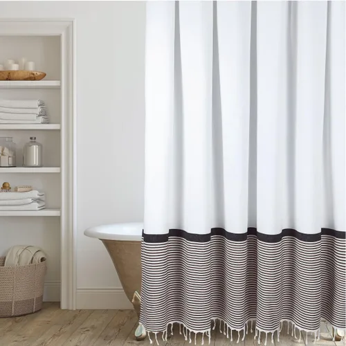 Vista 9 de HALL & PERRY Cortina de ducha moderna con borlas de estilo rústico, cortina de ducha de tela a rayas con borlas 100% algodón para decoración de baño