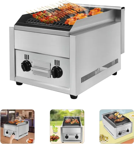 Vista 3 de Parrilla de gas comercial de 21 pulgadas, resistente 2 quemadores para encimera, parrilla de asador de char, temperatura ajustable
