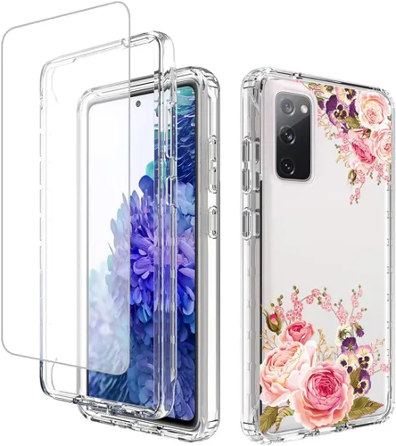 Vista 8 de Funda para Galaxy S20 FE 5G, SM-G781U con protector de pantalla de vidrio templado, cuerpo completo transparente con protección de diseño floral