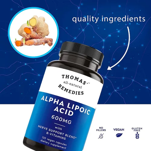 Vista 2 de Toms Remedies Suplemento de ácido alfa lipoico 600 mg de apoyo nervioso Cápsulas veganas con vitaminas B y una mezcla de apoyo nervioso, sin