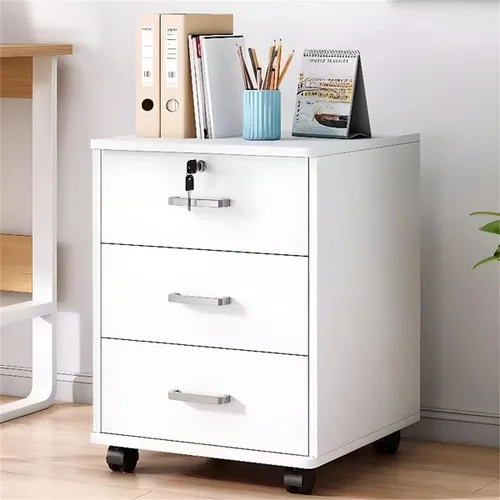Vista 10 de Archivador de madera con cierre suave, cerradura de llave + ruedas enrollables con cerradura, escritorio de almacenamiento de documentos lateral
