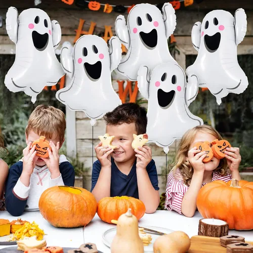 Vista 6 de 6 globos de fantasma de Halloween, globos de aluminio con forma de fantasma blanco, globos grandes de Mylar para decoración de fiesta temática