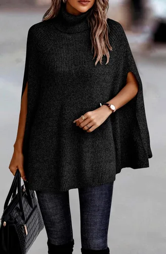 Vista 2 de KIRUNDO Suéter tipo poncho de cuello alto para mujer, para otoño e invierno 2024